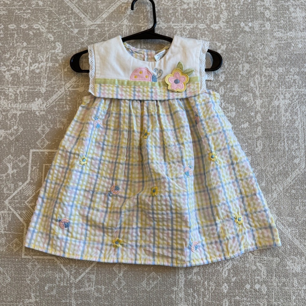 Vintage Youngland‎ Bebe 18M Dress Plaid Butterfly Flower Applique Spring Easter